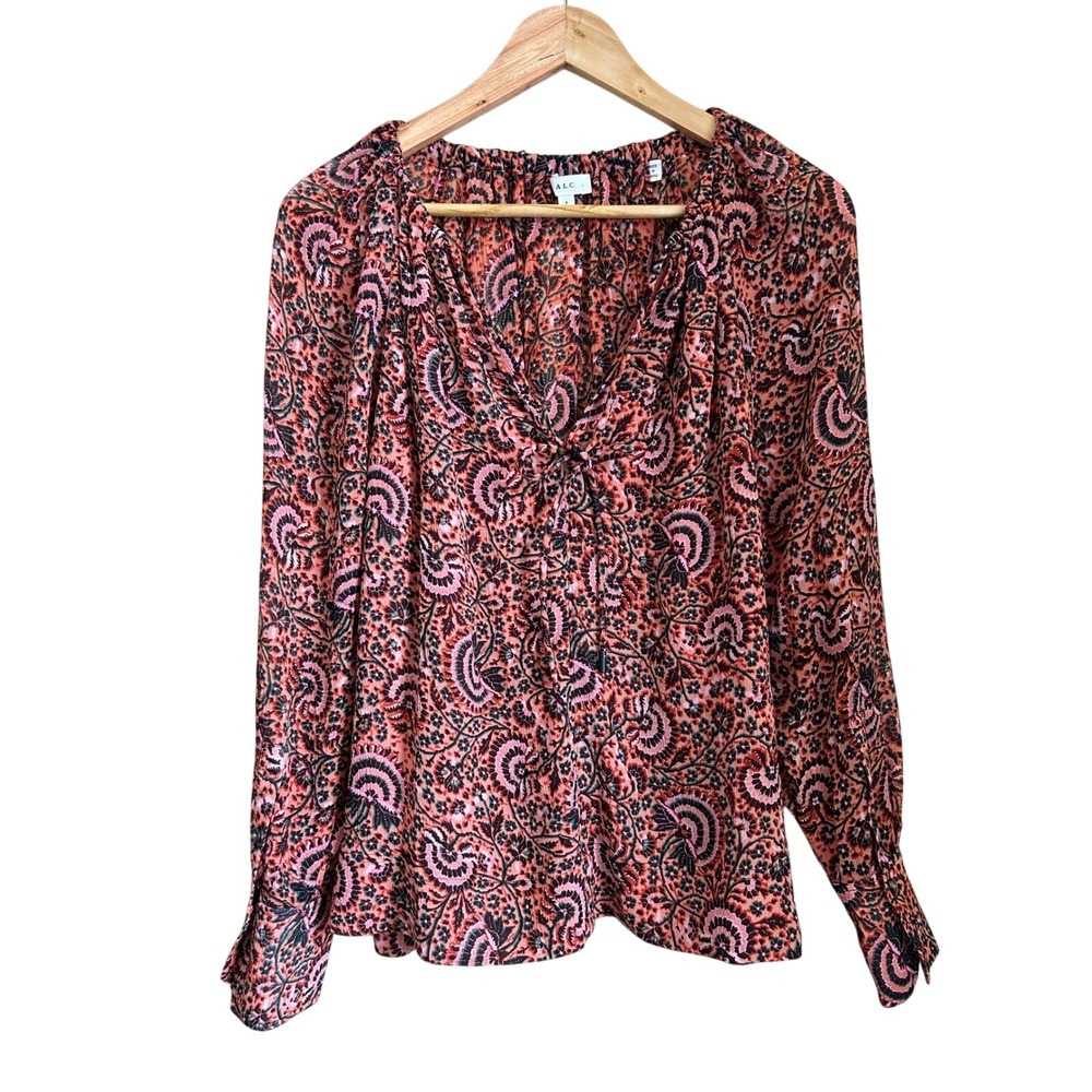 A.L.C. Pink Paisley Silk Shirt Puffy Long Sleeve‎ Size 4 Rainbow Flowy Artsy Mod